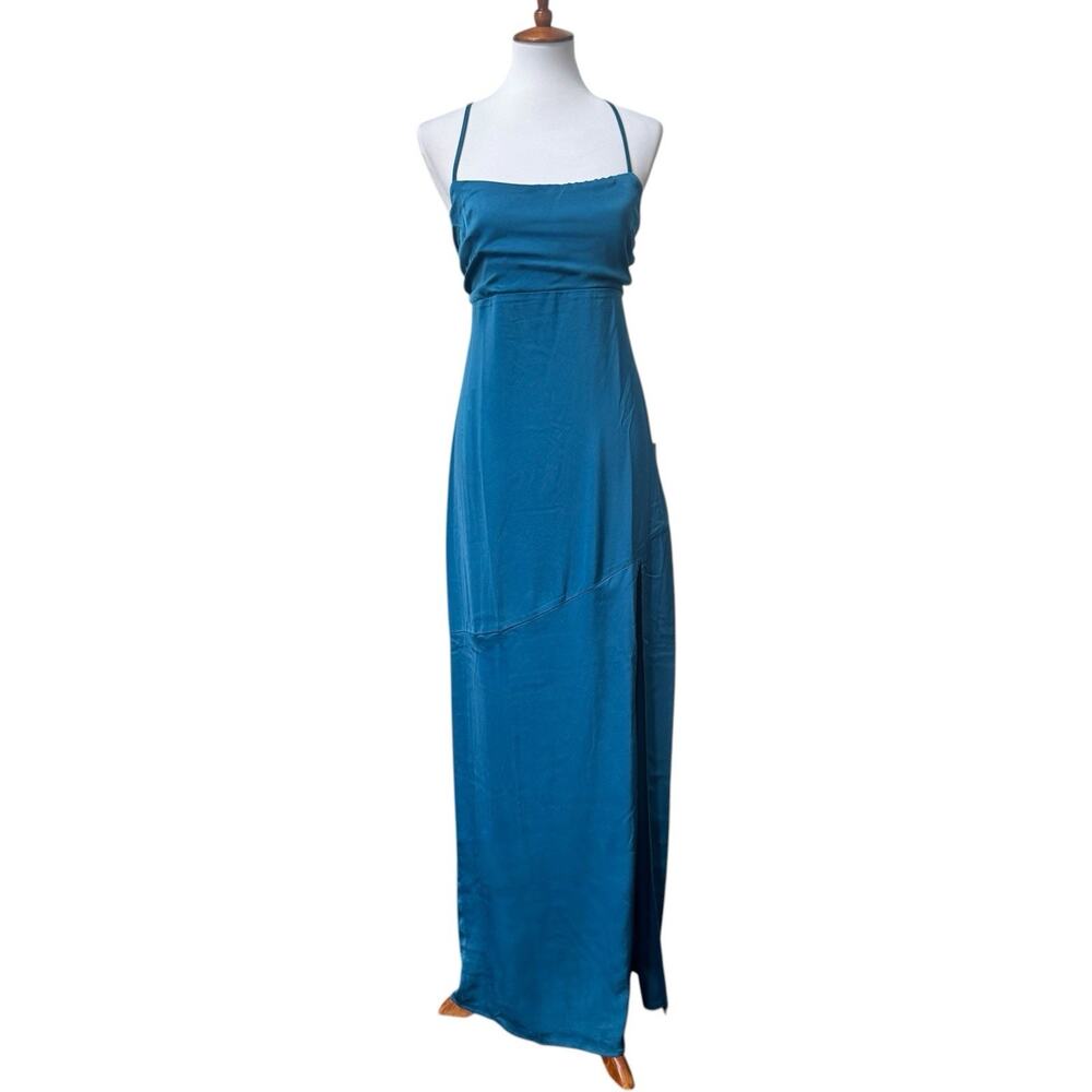 Lulu’s Elegant Vision Teal Blue Satin Sleeveless Maxi Drop Seam Dress Size XL